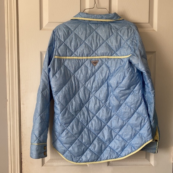 Columbia PFG light blue white polkadotted puffer zip button up skii jacket coat - Picture 2 of 16
